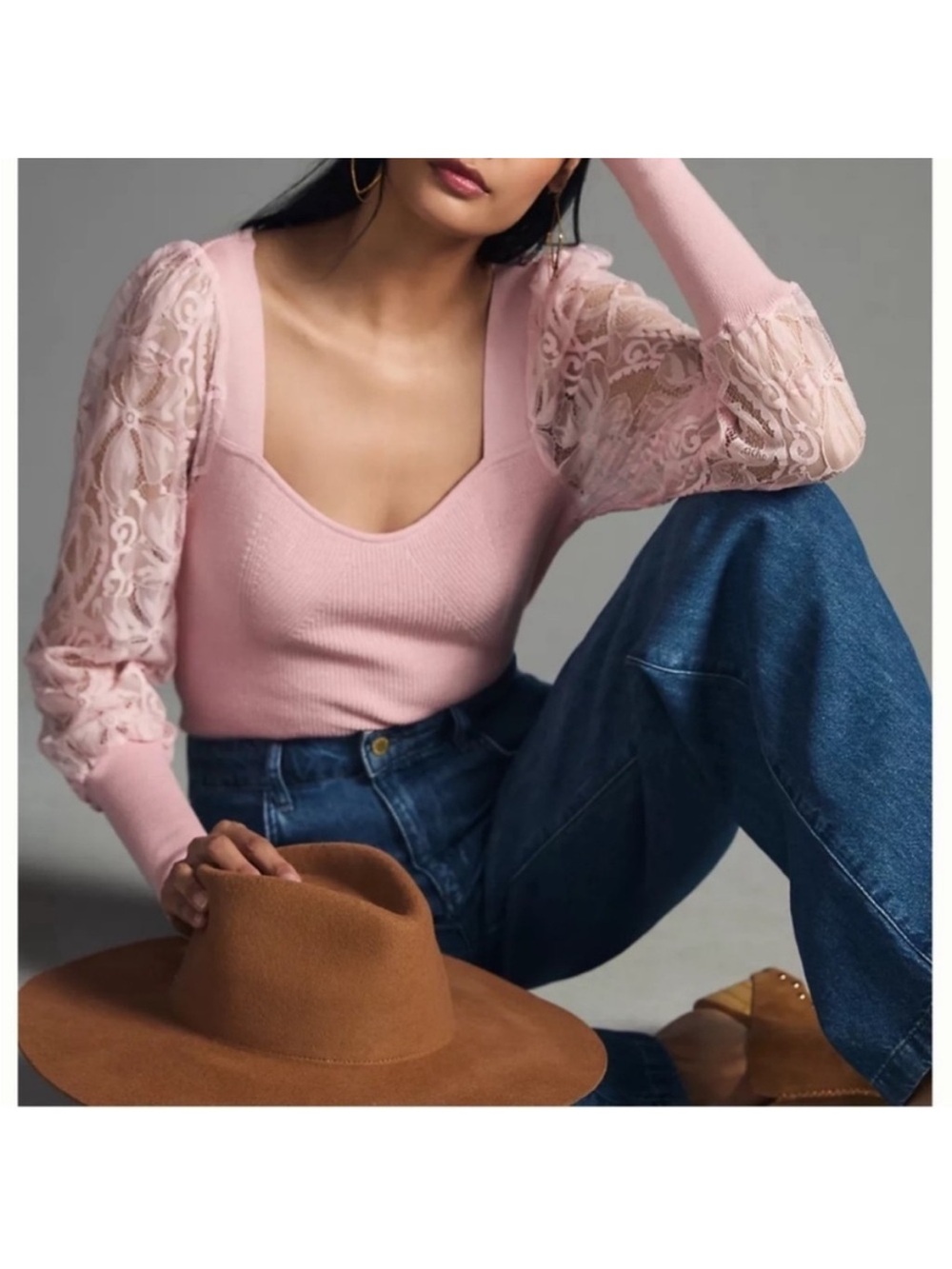 Anthropologie Pink Lace-Sleeve Knit Sweater